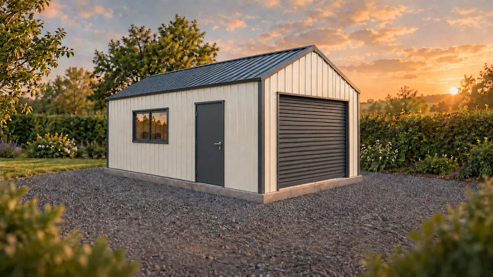 A cream steel shed with a dark pitched roof, window and roller door on a concrete garden base
